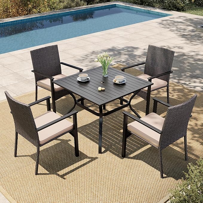 HERA'S HOUSE Outdoor Dining Set 5-Piece, 4 PE Wicker Patio Chair with Cushion & 37" Square Metal Dining Table with 1.57" Umbrella Hole for Lawn Garden Backyard Deck