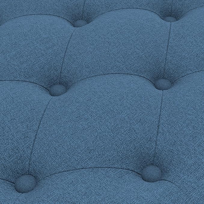 HUIMO Button-Tufted Ottoman with Storage in Upholstered Fabrics, Large Storage Bench for Bedroom, Living Room, Entryway, Bench with Safety Hinge Hold Up to 300lbs (Blue)