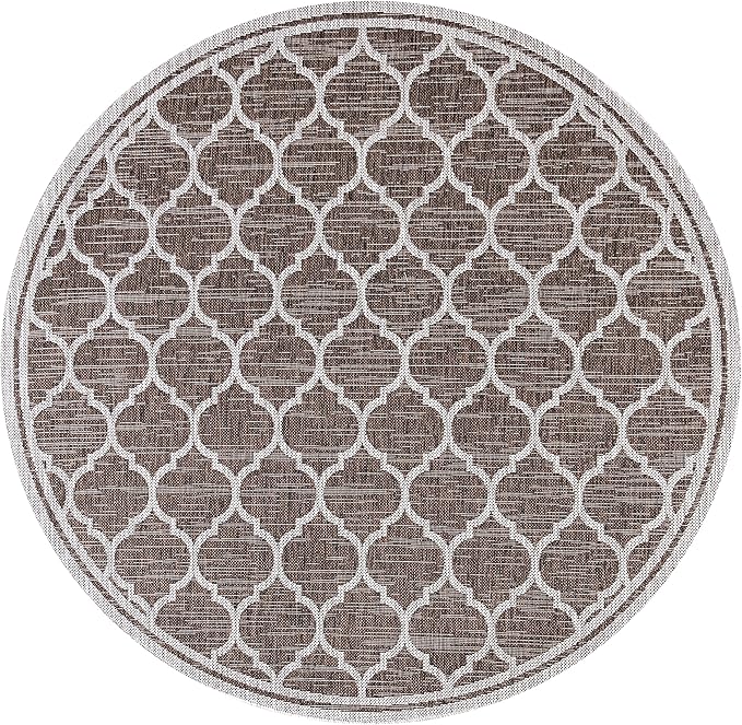 Eyely BMS109B-4R Santa Monica Trebol Moroccan Trellis Textured Weave, Pet Friendly, Non-Shedding, Stain Resistant, Easy-Cleaning, Espresso/Taupe, 4' Round, Indoor/Outdoor, Area Rug