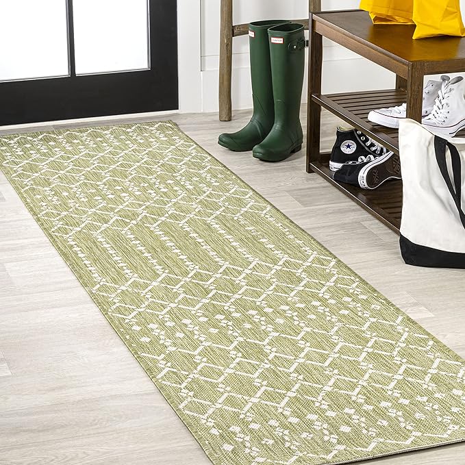 JONATHAN Y SMB108N-210 Ourika Moroccan Geometric Textured Weave Indoor Outdoor Runner Rug,Coastal,Traditional,Transitional Easy Clean,Bedroom,Kitchen,Backyard,Patio,Non-Shed, Light Green/Cream, 2 X 10