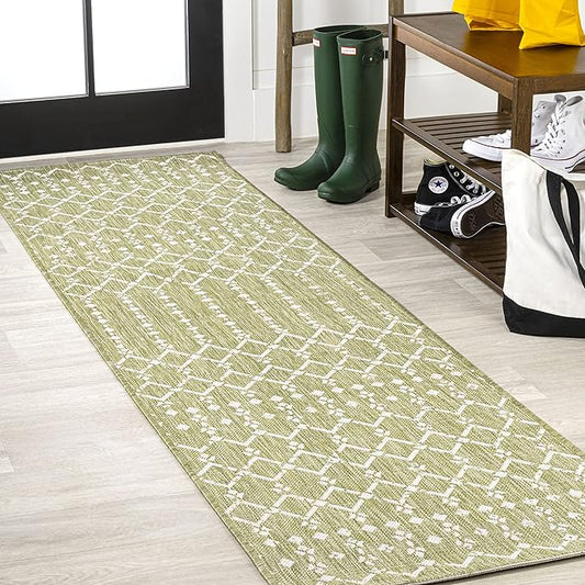 JONATHAN Y SMB108N-28 Ourika Moroccan Geometric Textured Weave Indoor Outdoor Runner Rug, Coastal,Traditional,Transitional Easy Clean,Bedroom,Kitchen,Backyard,Patio, Non-Shed, Light Green/Cream, 2 X 8