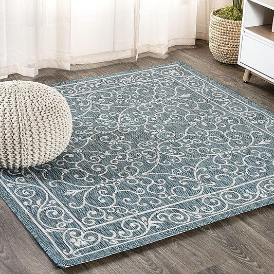 JONATHAN Y SMB106F-8SQ Charleston Vintage Filigree Textured Weave Teal/Gray 8' Square Indoor/Outdoor Area Rug, Pet Friendly, Non-Shedding, Stain Resistant, Easy-Cleaning for Backyard, Patio, Porch