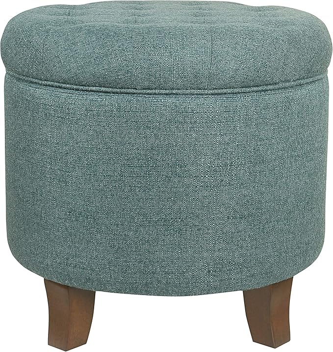 HomePop by Kinfine Fabric Upholstered Round Storage Ottoman - Button Tufted Ottoman with Removable Lid, Teal Woven