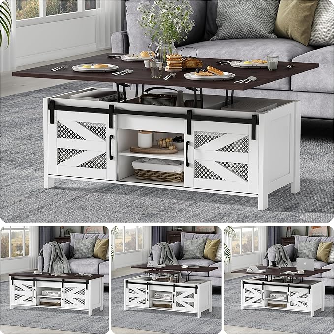 47.2" Lift Top Coffee Table, 4 in 1 Farmhouse Coffee Table with Storage and Sliding Barn Doors, Coffee Tables for Living Room & Dining Room (Milky White)