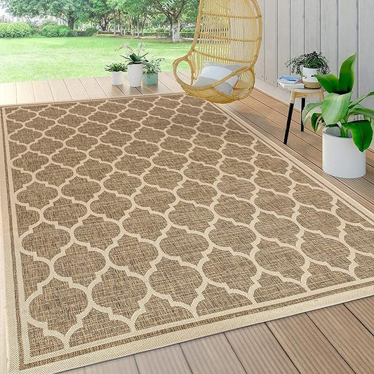Eyely BMS109A-9 Santa Monica Trebol Moroccan Trellis Textured Weave Indoor/Outdoor Area Rug Coastal;Bohemian, Bedroom, Backyard, Patio, Easy-Cleaning, Non-Shedding, 9 X 12, Brown/Beige
