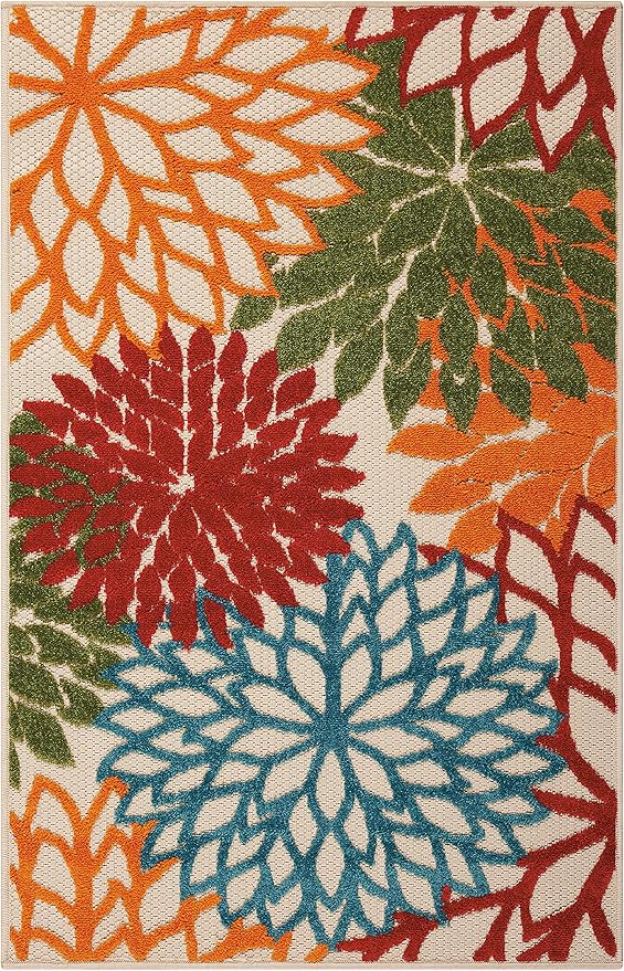 Nourison Aloha Indoor/Outdoor Green 2'8" x 4' Area Rug, Tropical, Botanical, Easy Clean, Non Shedding, Bed Room, Living Room, Dining Room, Deck, Backyard, Patio (3x4)