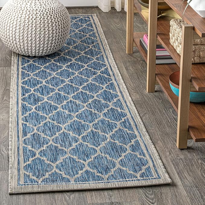 Eyely BMS109D-28 Santa Monica Trebol Moroccan Trellis Textured Weave Indoor/Outdoor Runner Rug Coastal;Bohemian, Bedroom, Backyard, Patio, Easy-Cleaning, Non-Shedding, 2 X 8, Navy/Gray