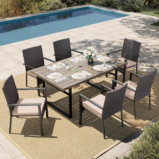 HERA'S HOUSE 7 Piece Patio Dining Set for 6, 6 x Outdoor Rattan Armchair with Removable Cushions, 1 x 64 Inches Rectangular Patio Table with Umbrella Hole for Patio, Lawn, Garden