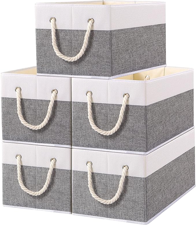 Yawinhe Foldable Storage Basket 5-Pack, Large Fabric Bins with Rope Handle, Used for Organizing Shelves, Closets, Clothes, 12.99''Lx9.05''Wx7.87''H, White/Grey