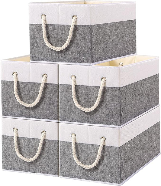 Yawinhe Foldable Storage Basket 5-Pack, Large Fabric Bins with Rope Handle, Used for Organizing Shelves, Closets, Clothes, 12.99''Lx9.05''Wx7.87''H, White/Grey