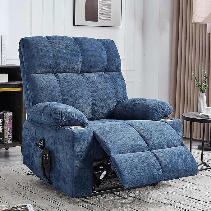Oversized Recliner with Massage and Heating, Power Lift Chairs for Elderly, Extra Wide Recliner Chair for Living Room with Cup Holders, Dual Motor, Chenille Fabric - Dark Blue