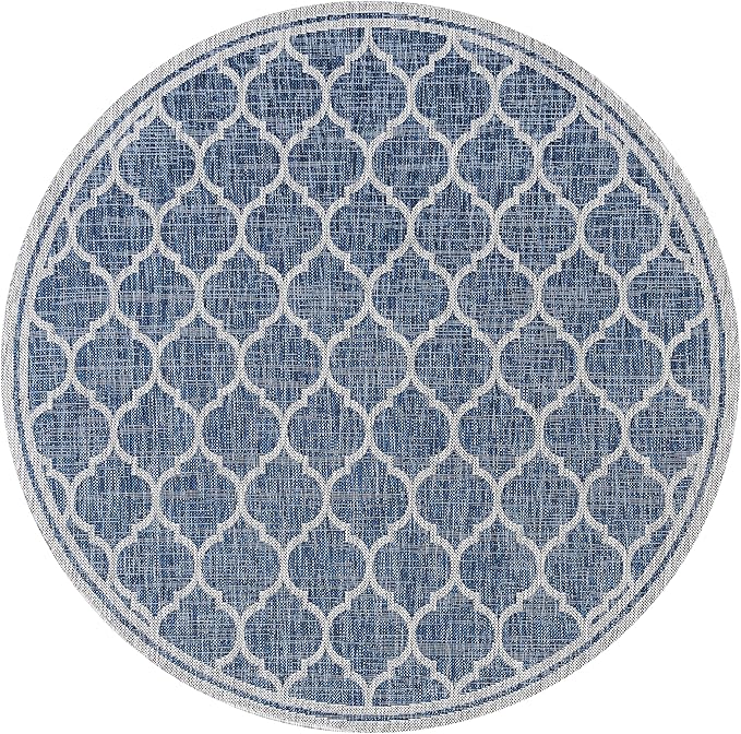 Eyely BMS109D-5R Santa Monica Trebol Moroccan Trellis Textured Weave Indoor/Outdoor Area Rug Coastal;Bohemian, Bedroom, Backyard, Patio, Easy-Cleaning, Non-Shedding, 5' Round, Navy/Gray