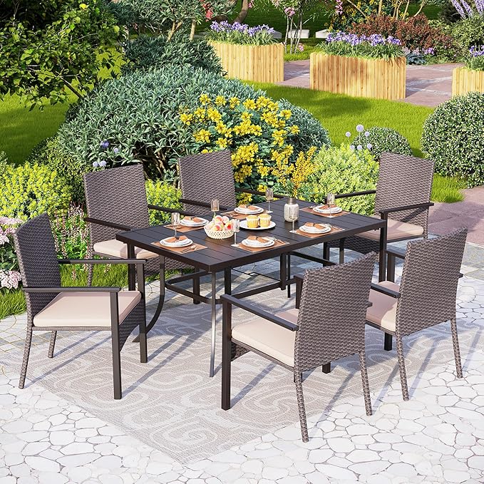 PHI VILLA 7 Piece Patio Dining Set for 6, 60” Rectangular Wrought Iron Dining Table with Umbrella Hole & Rattan Wicker Chairs with Beige Cushions for Outdoor Deck, Yard, Porch