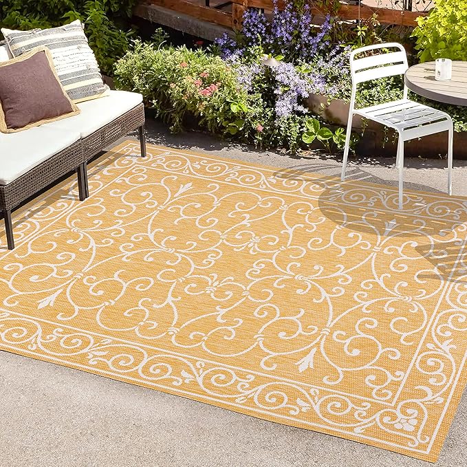 JONATHAN Y Vintage Filigree Indoor Outdoor Area Rug 3X5 Yellow/Cream, Charleston Textured Weave for Backyard, Patio, Porch, Easy-Cleaning, High Traffic, Pet-Friendly, Non-Shedding (SMB106L-3)