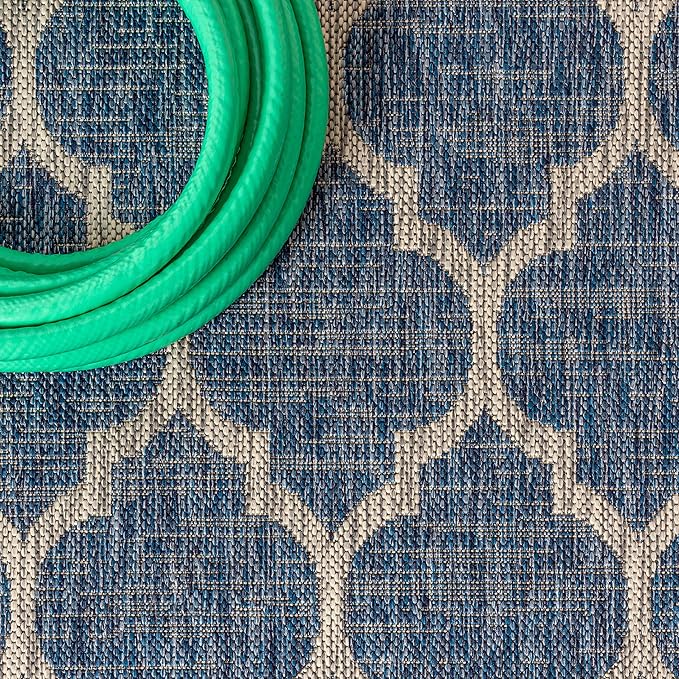 Eyely BMS109D-5SQ Santa Monica Trebol Moroccan Trellis Textured Weave Indoor/Outdoor Area Rug Coastal;Bohemian, Bedroom, Backyard, Patio, Easy-Cleaning, Non-Shedding, 5' Square, Navy/Gray