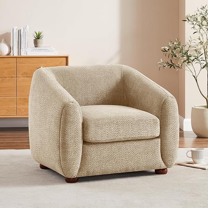 Modern Accent Chair for Living Room, Upholstered Armchair with Linen Fabric, Single Sofa Chair with Solid Wood Legs, Boucle, Camel