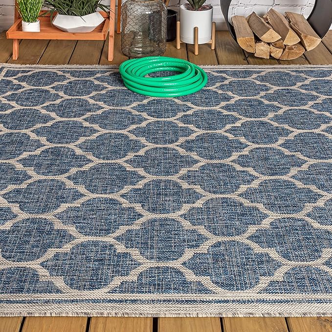 Eyely BMS109D-5 Santa Monica Trebol Moroccan Trellis Textured Weave Indoor/Outdoor Area Rug Coastal;Bohemian, Bedroom, Backyard, Patio, Easy-Cleaning, Non-Shedding, 5 X 8, Navy/Gray