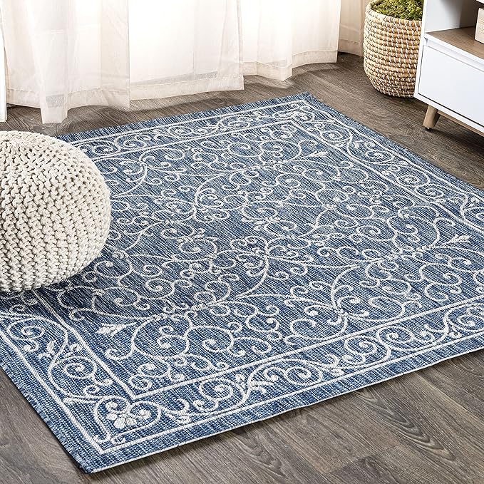 JONATHAN Y SMB106D-5SQ Charleston Vintage Filigree Textured Weave Indoor Outdoor Area Rug Classic Coastal Easy Cleaning Bedroom Kitchen Backyard Patio Non Shedding, 5' Square, Navy/Gray