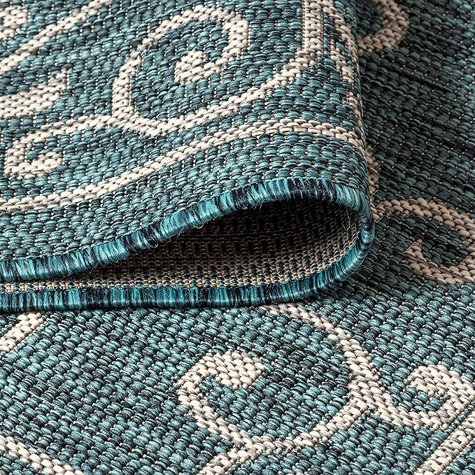 JONATHAN Y SMB106F-8R Charleston Vintage Filigree Textured Weave Teal/Gray 8' Round Indoor/Outdoor Area Rug, Pet Friendly, Non-Shedding, Stain Resistant, Easy-Cleaning for Backyard, Patio, Porch