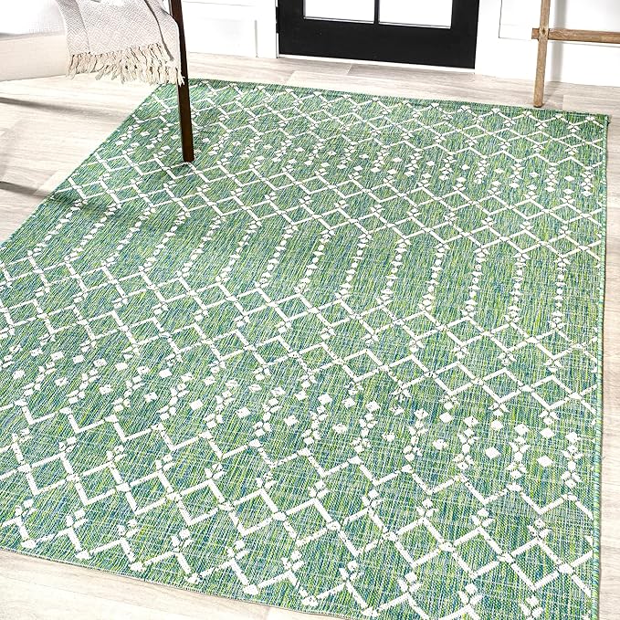 JONATHAN Y Moroccan Geometric Indoor Outdoor Area Rug 5X8 Green/Cream, Ourika Textured Weave for Backyard, Patio, Porch, Easy-Cleaning, High Traffic, Pet-Friendly, Non-Shedding (SMB108L-5)