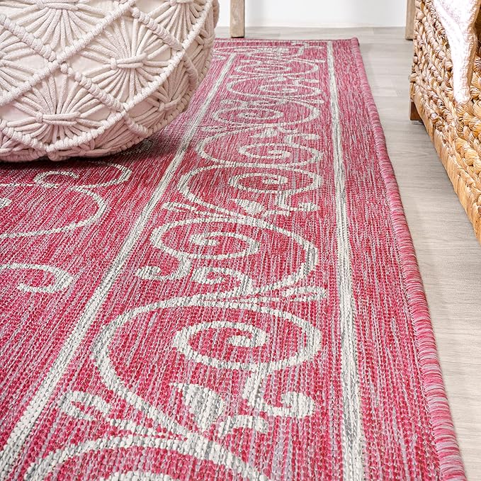 JONATHAN Y SMB106J-5R Charleston Vintage Filigree Textured Weave Indoor Outdoor Area Rug, Coastal, Bohemian, Classic Easy Clean,Bedroom,Kitchen,Backyard,Patio, Non-Shed, Fuchsia/Light Gray, 5' Round