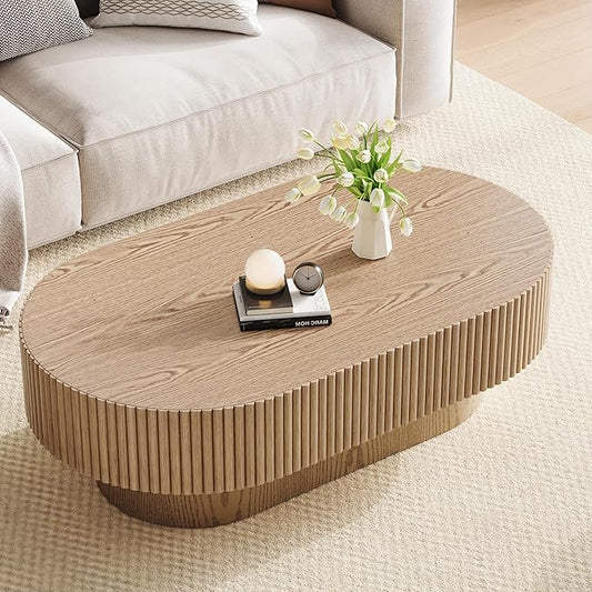 43.7” Oval Coffee Table, Modern Wood Fluted Coffee Table for Living Room, Veneer Handcrafted Relief Center Table with Sturdy Pedestal，Easy Assembly - Natural