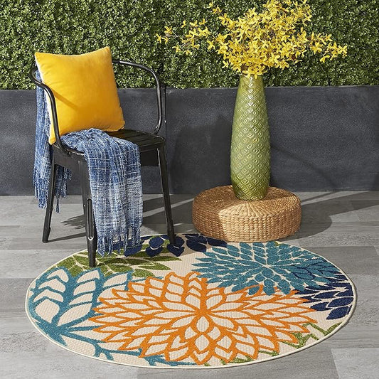 Nourison Home Aloha Indoor/Outdoor Multicolor 4' x Round Area Rug, Tropical, Botanical, Easy Cleaning, Non Shedding, Bed Room, Living Room, Dining Room, Deck, Backyard, Patio (4 Round)