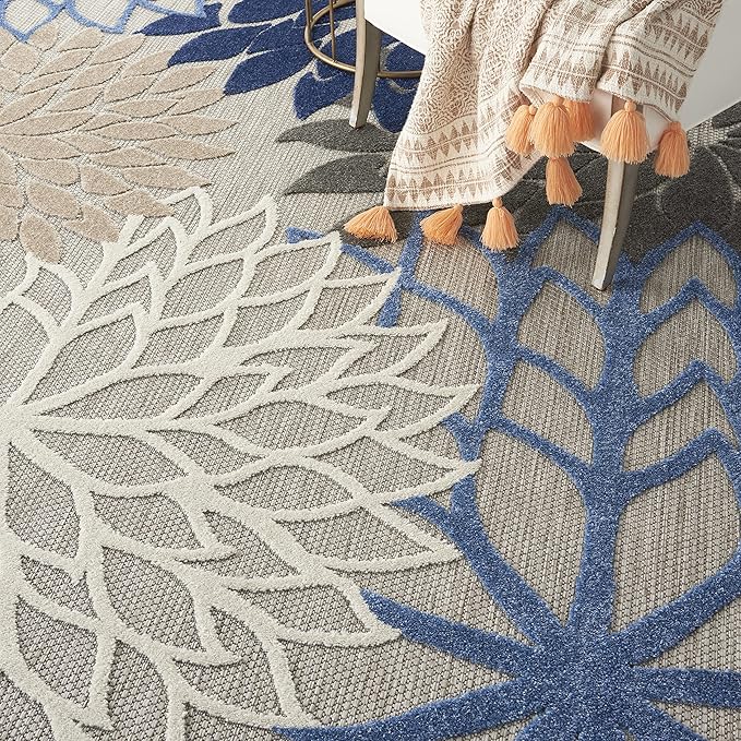 Nourison Aloha Indoor/Outdoor Blue/Multicolor 7'10" x Round Area Rug, Tropical, Botanical, Easy Cleaning, Non Shedding, Bed Room, Living Room, Dining Room, Deck, Backyard, Patio (8 Round)