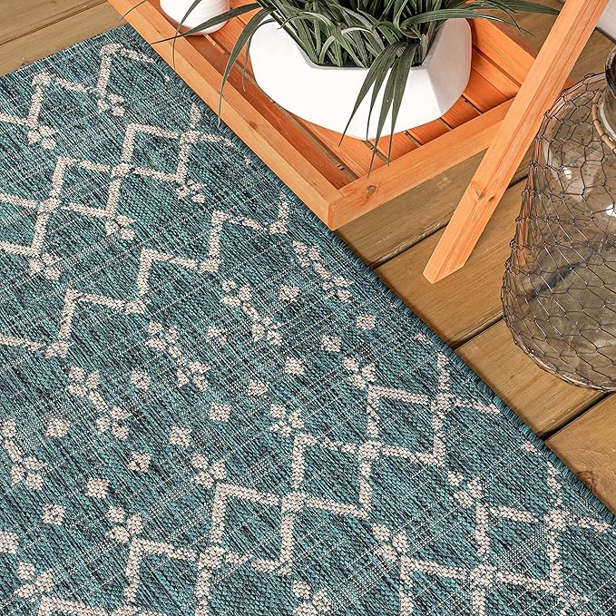 JONATHAN Y SMB108C-6SQ Ourika Moroccan Geometric Textured Weave Teal/Gray 6' Square Indoor/Outdoor Area Rug, Pet Friendly, Non-Shedding, Stain Resistant, Easy-Cleaning for Backyard, Patio, Porch