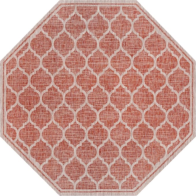Eyely BMS109C-8TGN Trebol Moroccan Trellis Textured Weave Red/Beige 8' Octagon Indoor/Outdoor Area Rug, Red/Beige, 8' Octagon, Indoor/Outdoor, Area Rug