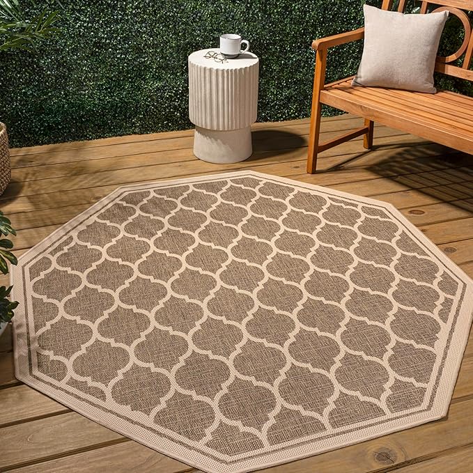 Eyely BMS109A-8TGN Trebol Moroccan Trellis Textured Weave Brown/Beige 8' Octagon Indoor/Outdoor Area Rug, Brown/Beige, 8' Octagon, Indoor/Outdoor, Area Rug