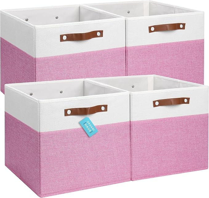 OrganiHaus 13x13 Cube Fabric Storage Bins Set of 4, Fabric Storage Cubes w/ Vegan Handles, 13 inch Collapsible Bins for Clothes & Toy Organizer, Cubbies Organizer, 13x13 Basket for Decor - Pink/White