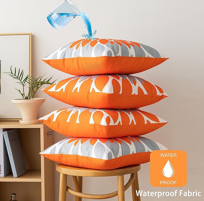 Qahing Pack of 4 Fall Outdoor Waterproof Pillow Covers 18x18 Decorative Outdoor Throw Pillows Garden Square Cushion Cases for Patio Furniture, Couch, Tent Sunbrella, Bench, Orange Grey