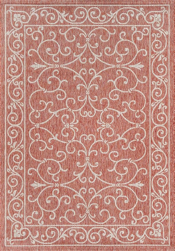 JONATHAN Y Vintage Filigree Indoor Outdoor Area Rug 6X9 Red/Beige, Charleston Textured Weave for Backyard, Patio, Porch, Easy-Cleaning, High Traffic, Pet-Friendly, Non-Shedding (SMB106B-6)
