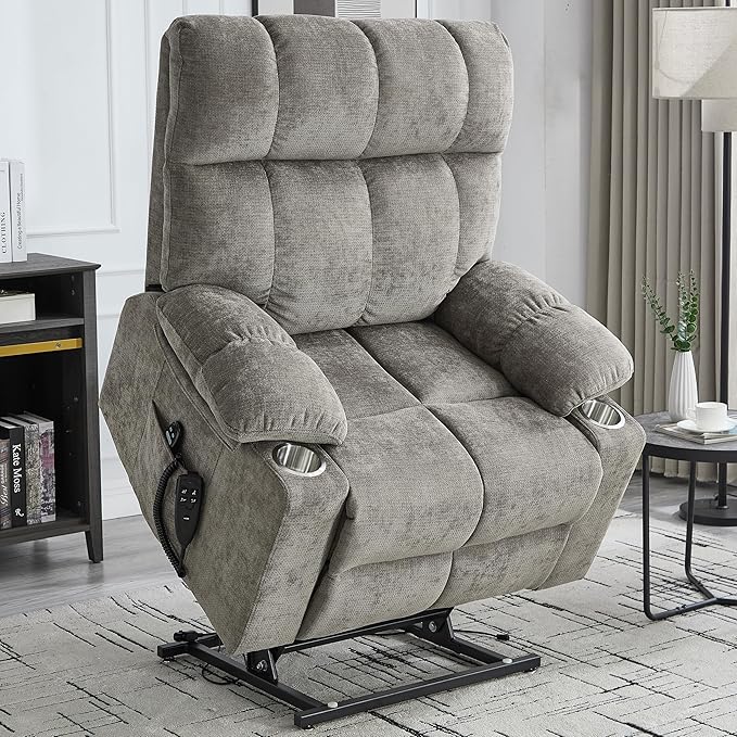 Oversized Recliner with Massage and Heating, Power Lift Chairs for Elderly, Extra Wide Recliner Chair for Living Room with Cup Holders, Dual Motor, Chenille Fabric - Brown