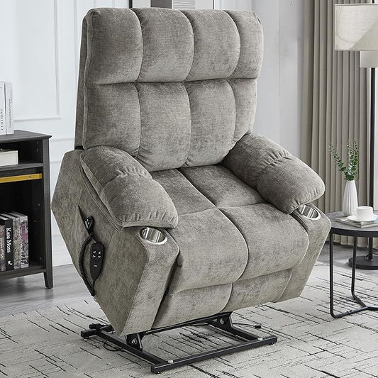 Oversized Recliner with Massage and Heating, Power Lift Chairs for Elderly, Extra Wide Recliner Chair for Living Room with Cup Holders, Dual Motor, Chenille Fabric - Brown