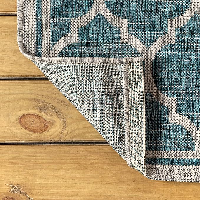 Eyely BMS109E-210 Santa Monica Trebol Moroccan Trellis Textured Weave Indoor/Outdoor Runner Rug Coastal;Bohemian, Bedroom, Backyard, Patio, Easy-Cleaning, Non-Shedding, 2 X 10, Teal/Gray