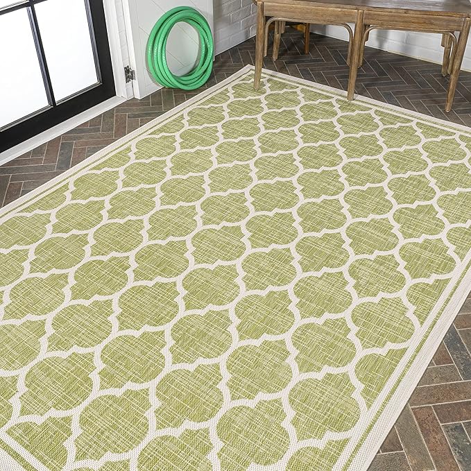 Eyely BMS109G-8 Santa Monica Trebol Moroccan Trellis Textured Weave Indoor/Outdoor Area Rug Coastal;Bohemian, Bedroom, Backyard, Patio, Easy-Cleaning, Non-Shedding, 8 X 10, Green/Cream
