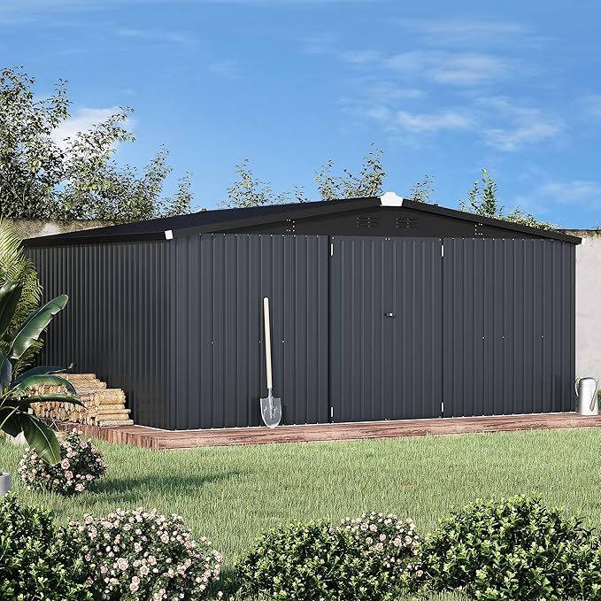 AECOJOY Shed 14' x 12' Storage Shed, Outdoor Metal Storage Sheds & Outdoor Storage 12x14 with Lockable Doors, Large Steel Yard Shed, Utility Tool Storage for Garden, Patio, Outside use in Dark Grey