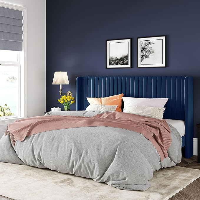 Allewie King Size Velvet Bed Frame/Vertical Channel Tufted Wingback Headboard/Upholstered Platform Bed/Strong Wooden Slats/No Box Spring Needed/Easy Assembly/Blue