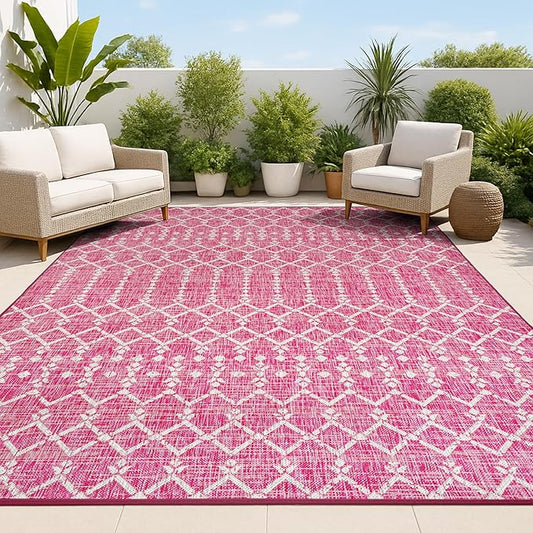 JONATHAN Y Moroccan Geometric Indoor Outdoor Area Rug 9X12 Fuchsia/Light Gray, Ourika Textured Weave for Backyard, Patio, Porch, Easy-Cleaning, High Traffic, Pet-Friendly, Non-Shedding (SMB108Q-9)