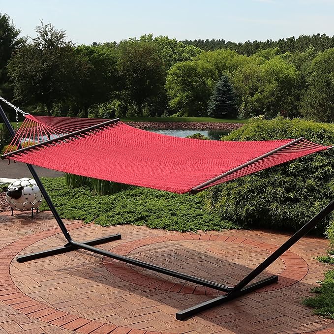 Sunnydaze Soft-Spun Polyester Rope Double Hammock for Outside - 600-Pound Weight Capacity Extra Large Hammock - Red