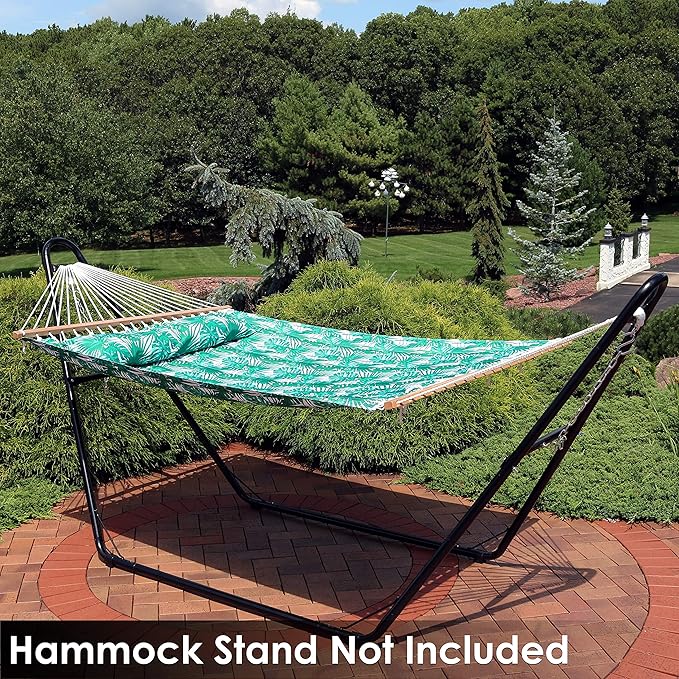 Sunnydaze Quilted Outdoor Hammock with Spreader Bars - Heavy-Duty 450-Pound Capacity Double Hammock for Outside - Green Palm Leaves