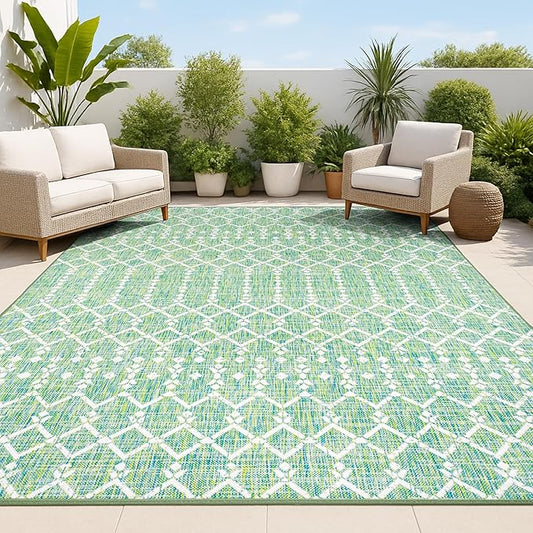 JONATHAN Y Moroccan Geometric Indoor Outdoor Area Rug 5X8 Green/Cream, Ourika Textured Weave for Backyard, Patio, Porch, Easy-Cleaning, High Traffic, Pet-Friendly, Non-Shedding (SMB108L-5)