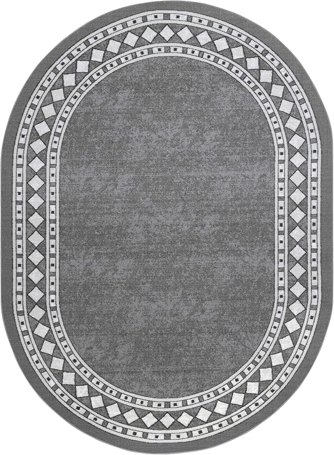 Antep Rugs Alfombras Modern Bordered 5x7 Non-Skid (Non-Slip) Low Profile Pile Rubber Backing Indoor Area Rugs (Gray, 5' x 7' Oval)
