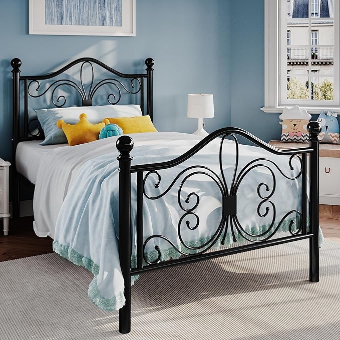 SHA CERLIN Twin Size Bed Frame for Kids,Metal Bed Frame with Butterfly Pattern Design Headboard and Footboard,No Box Spring Needed,Easy Assembly,Black