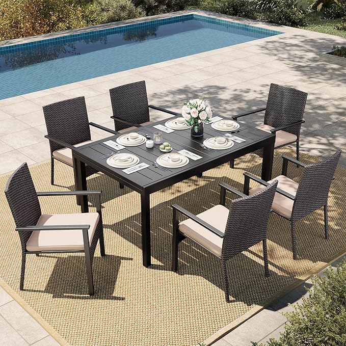 HERA'S HOUSE 7 Pieces Patio Dining Set for 6, Outdoor Rattan Chairs and Extendable Metal Dining Table with 1.57" Umbrella Hole for Deck, Balcony, Backyard, Garden