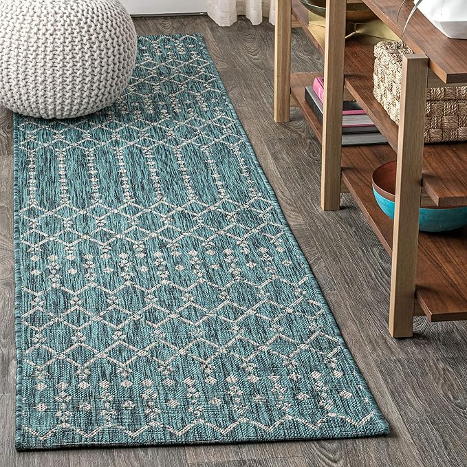 JONATHAN Y SMB108C-210 Ourika Moroccan Geometric Textured Weave Indoor Outdoor Runner Rug, Bohemian, Rustic, Scandinavian Easy-Cleaning,Bedroom,Kitchen,Backyard,Patio,Non Shedding, Teal/Gray, 2 X 10