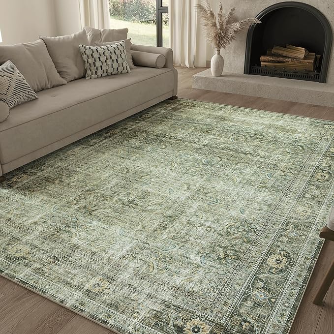 FMFUNCTEX 5x7 Washable Area Rug Green Neutral Vintage Distressed Non Slip Low Pile Traditional Indoor Carpet for Living Room Bedroom Soft Retro Mat Throw Rug for Dining Office Kitchen Dorm Entryway