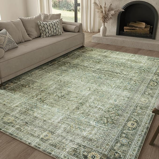FMFUNCTEX 5x7 Washable Area Rug Green Neutral Vintage Distressed Non Slip Low Pile Traditional Indoor Carpet for Living Room Bedroom Soft Retro Mat Throw Rug for Dining Office Kitchen Dorm Entryway